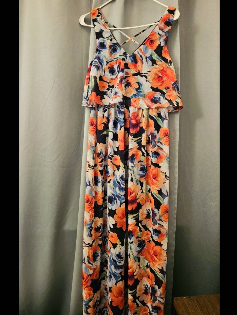 As U Wish Brand Flowy Floral Blue Orange Maxi Dress Size Small